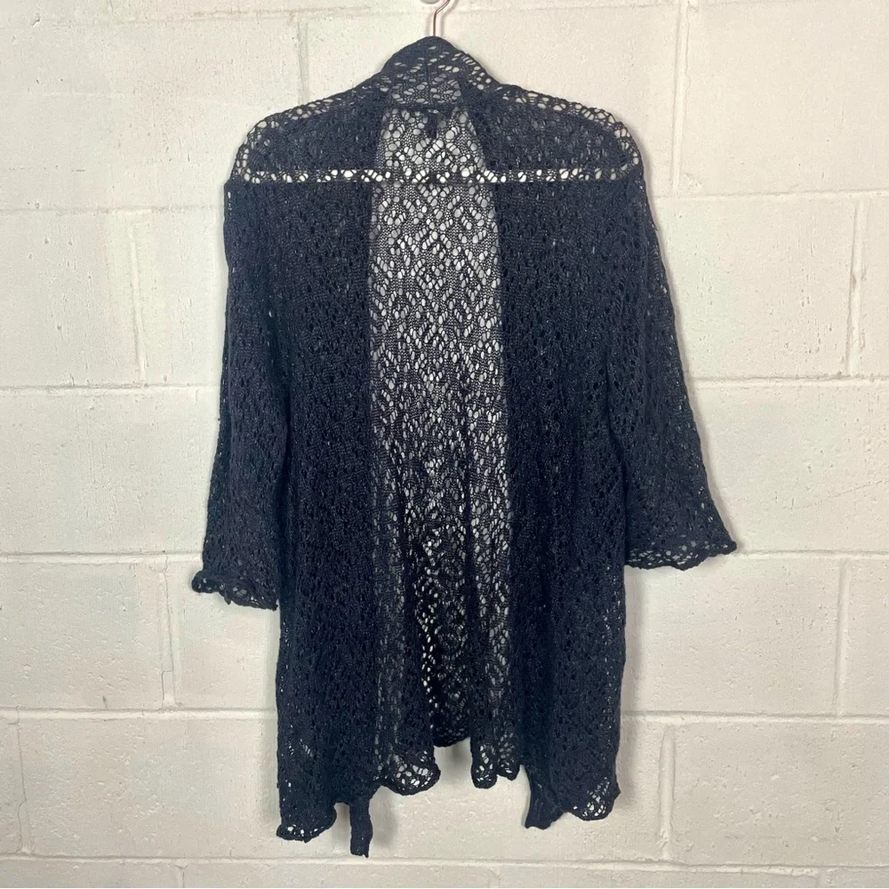 Eileen Fisher Open Front Crochet Cardigan‎ Linen Blend Blue Metallic Bohemian M - Picture 7 of 14